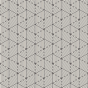 带有条纹的抽象几何图案。矢量无缝细线平铺背景。黑白线性格子纹理