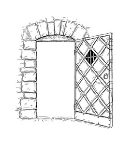 开放木制中世纪决策门的卡通绘画