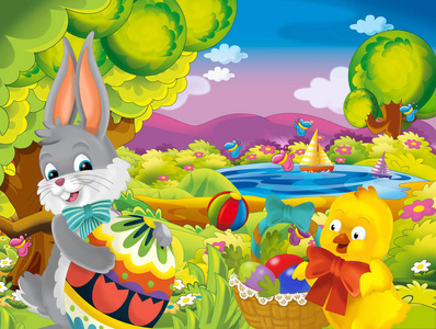 卡通快乐复活节兔子和小鸡与美丽的复活节鸡蛋篮子在自然春天背景插图儿童