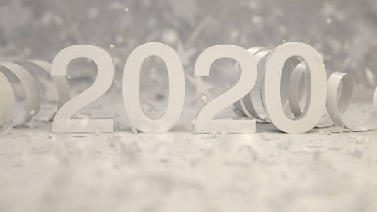 白色2020号码与纸屑和蛇纹石在黑色背景。 2020年新年标志。 三维渲染图