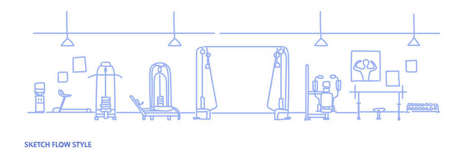 现代健身房内部设备锻炼空没有人健康健身俱乐部素描流程风格水平