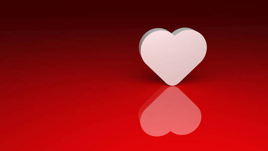 白色3D心脏放置在光滑的红色书桌上，有反光。 浪漫情人节的象征。 免费空间定制文本或爱问候。 三维渲染。