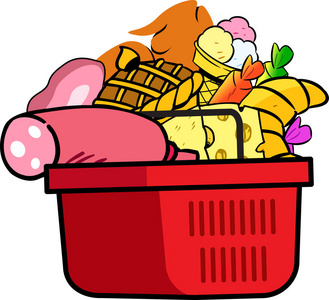 杂货店篮子一个有不同食物的购物篮. 矢量插图设计模板照片