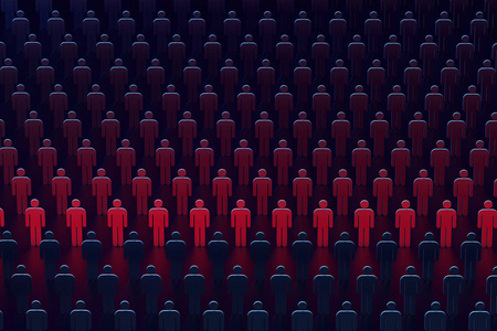 一排人通红。 统计概念。 3D渲染