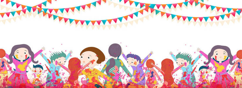 快乐的孩子庆祝霍利节与充满欢乐的节日的颜色庆祝标题或横幅设计。