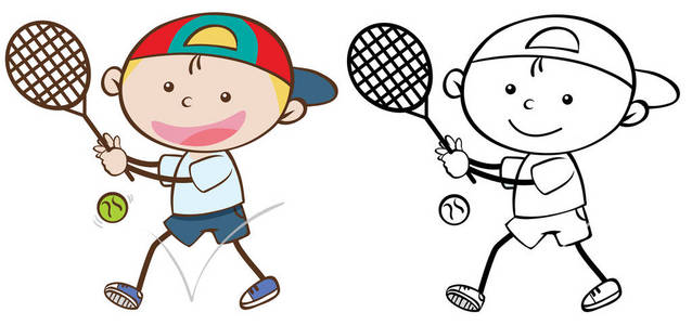 一套涂鸦网球儿童角色插图