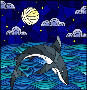 月亮鱼彩色玻璃图案的插图,鲨鱼进入波浪,星空,月亮和云彩照片