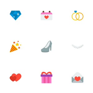 一套婚礼图标平面风格符号与邀请, 心, 礼物和其他图标为您的网络移动应用程序标志设计