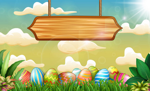 复活节背景，彩色鸡蛋和空白标志