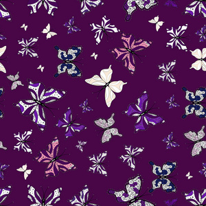 春夏热带蝴蝶无缝图案，颜色为黑色紫色和白色。蝴蝶的影子和剪影..矢量图。适用于织物，纸张，包装..