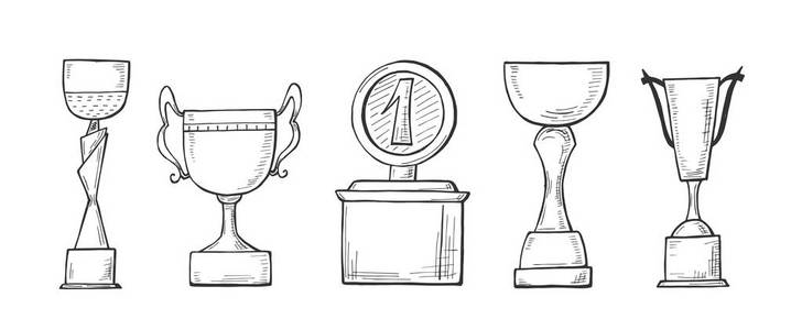 矢量插图的获胜者冠军杯设置。手绘素描风格..