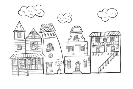 一套街道房屋建筑的矢量插图.手绘素描涂鸦风格.照片