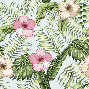 绿色的热带香蕉棕榈叶和粉红色，棕色的芙蓉无缝图案在白色的背景上。真实的病媒植物构成