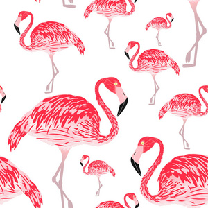 向量例证无缝的样式红色羽毛在一条腿站立的粉红色火烈鸟。用于设计织物或壁纸的模板