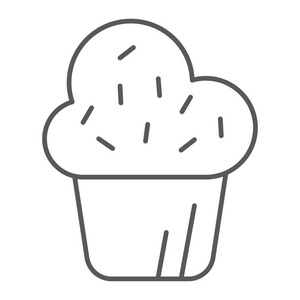 松饼细线图标, 蛋糕和食物, 纸杯蛋糕标志, 矢量图形, 在白色背景的线性图案