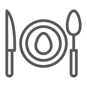 晚餐线图标, 食品和餐具, 板标志, 矢量图形, 白色背景上的线性图案