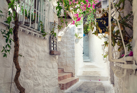 古老的马尔玛里斯美丽的街道。狭窄的街道, 在土耳其的老城区度假胜地的房子之间有楼梯, 有白色的砖头绿色植物和鲜花