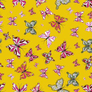 天衣无缝。 矢量图。 白色粉红色和黄色背景上的蝴蝶。 简单的女性图案的邀请卡打印。 随机白色粉红色和黄色蝴蝶可爱的图案。