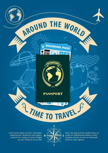 旅行横幅或带有护照和登机牌机票的海报的时间到了。旅行和度假的概念。向量例证