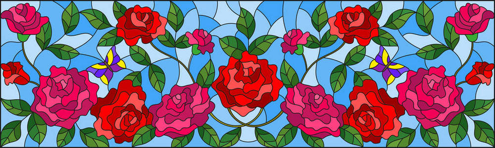 彩色玻璃样式的插图，蓝色背景上有花蝴蝶和玫瑰叶