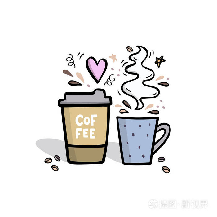 插画 咖啡手绘插图.咖啡去和咖啡杯可爱的矢量插图与设计元素.eps