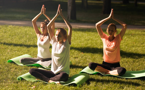 在公园里练习瑜伽晨练的年轻妇女团体
