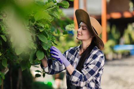 美丽的年轻女子在格子衬衫和草帽园艺在夏天天外面