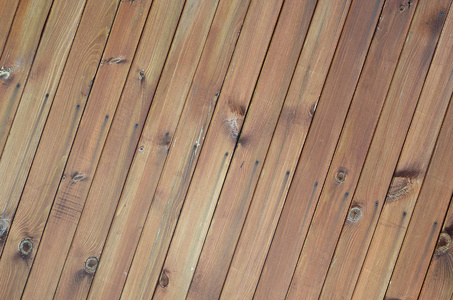 关闭棕色木栅栏板。 许多垂直的木制木板作为全墙