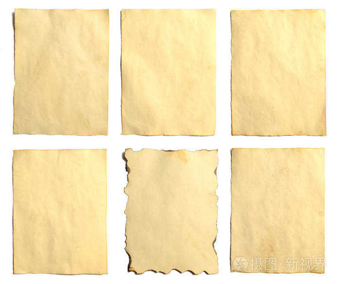 一套旧的空白古董旧破碎纸手稿或羊皮纸垂直定向白色