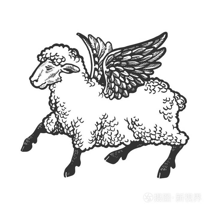 天使飞羊雕刻向量例证.划痕板式模仿.黑白手绘图像