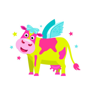 明亮的石灰粉红色奶牛,翅膀的风格是独角兽.