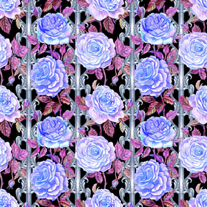无缝图案的蓝色玫瑰在黑色背景上的条纹和巴洛克图案水彩插图。 花卉装饰背景织物和各种设计。