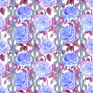 无缝图案的蓝色玫瑰在白色背景上的条纹和巴洛克图案水彩插图。 花卉装饰背景织物和各种设计。