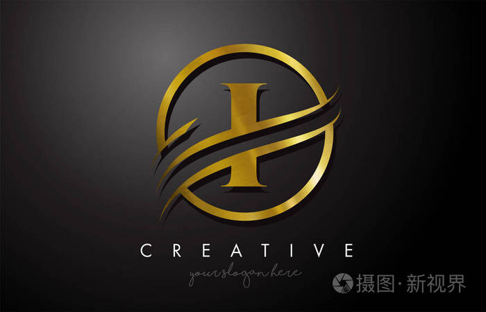 我的金色字母标志设计与圆圈swoosh和黄金金属质感创意金属金i字母