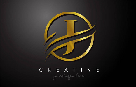 j金属金色字母标志设计与圆形swoosh和金色金属纹理.