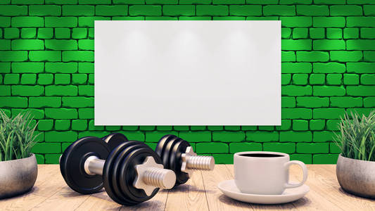 两个哑铃和一杯咖啡放在木桌上。 锻炼模板。 绿色砖墙。 三维插图