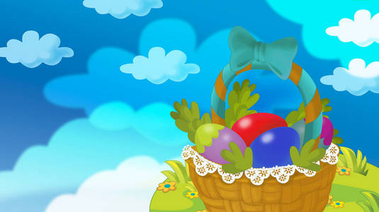 卡通快乐复活节篮子，装满鸡蛋，美丽的花朵在大自然春天的背景插图为儿童。