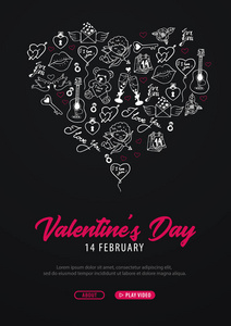情人节横幅与涂鸦背景。2月14日。矢量插图