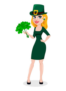 s Day. Cute female cartoon character in costume of Leprechaun ho