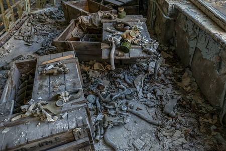 s gas masks are spreading in the classroom of abandoned school i