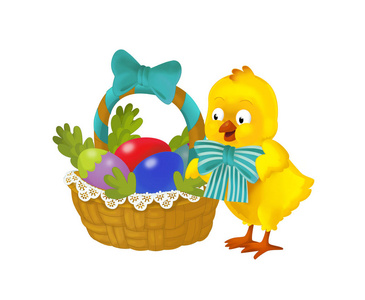 卡通快乐鸡与复活节篮子装满鸡蛋在白色背景插图为儿童