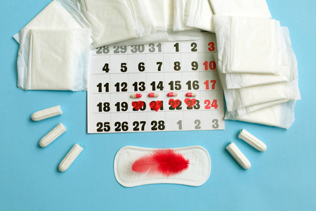 月经周期概念。月经期与卫生巾, 避孕药, 卫生棉条