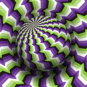 光学错觉矢量插图。 紫色，绿色，白色，黑色图案球体，翱翔在同一表面之上。
