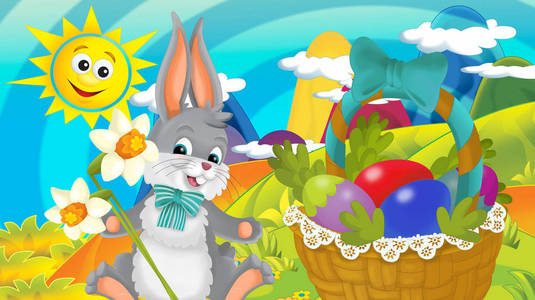 卡通快乐复活节兔子，篮子里装满了鸡蛋，在大自然的春天背景插图上为孩子们准备了美丽的花朵