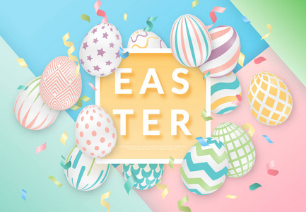 复活节背景与3d 华丽的鸡蛋, 文字, 丝带和框架。柔和颜色的插图。可爱的复活节横幅, 海报, 传单或贺卡