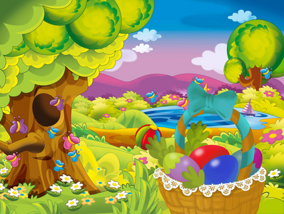 卡通快乐复活节篮子,装满鸡蛋,美丽的花朵在大自然春天的背景插图为