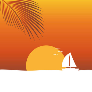 日落在海自然风景与帆船和棕榈叶橙色背景