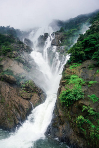 野生丛林中巨大的瀑布。 印度卡纳塔克邦