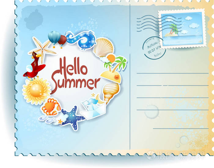 带有彩色图标的夏季明信片复制空间