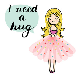 可爱的小女孩正在拥抱自己.我需要一个在演讲泡泡里的拥抱文本.